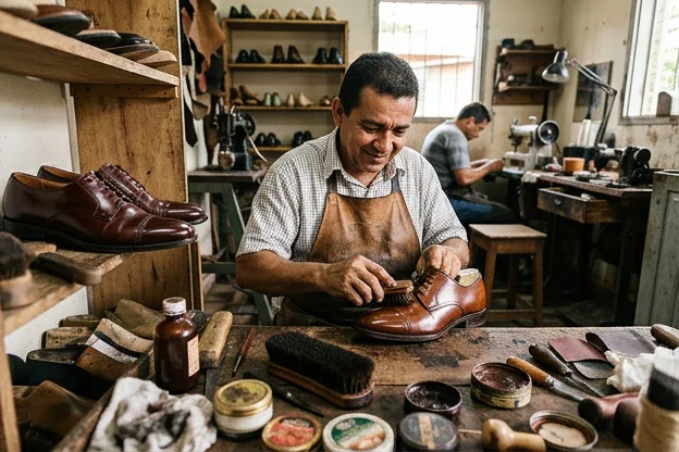 Calçados bem cuidados expostos em uma superfície.