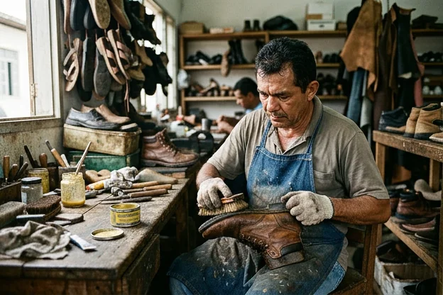 Sapatos sendo impermeabilizados em Abaetetuba.